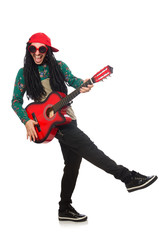 Naklejka premium Man with guitar in musical concept on white