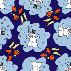 Seamless pattern with snowmen on blue background