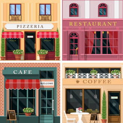Set of vector detailed flat design restaurants and cafes facade icons.  Cool graphic exterior design for restaurant business.