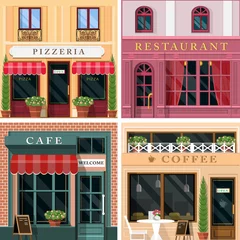 Wall murals Restaurant Set of vector detailed flat design restaurants and cafes facade icons.  Cool graphic exterior design for restaurant business.