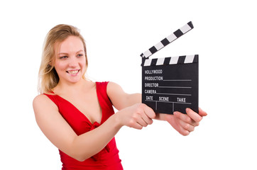Red dress girl holding clapboard isolated on white