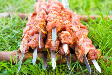 Many skewers with raw shish kebab
