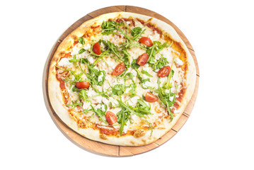 vegetarian pizza with tomatoes, arugola and gorgonzola cheese on white background