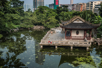 pagoda temple pond Kowloon Park Hong Kong  - obrazy, fototapety, plakaty