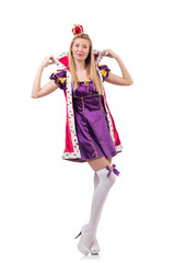 Cute girl in purple masquerade dress and crown isolated on white