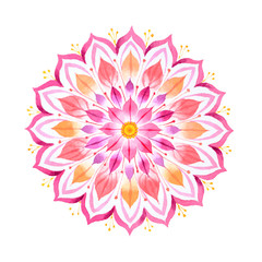 Pink flower hand drawn mandala in watercolors technique