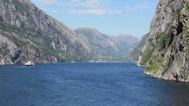 Ferry in the Lysefjord Fjord in Norway during summer