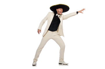 Funny mexican in suit and sombrero isolated on white