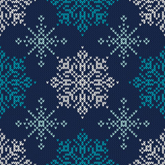 Fototapeta na wymiar Winter Holiday Knitted Pattern with Snowflakes. Seamless Vector Background