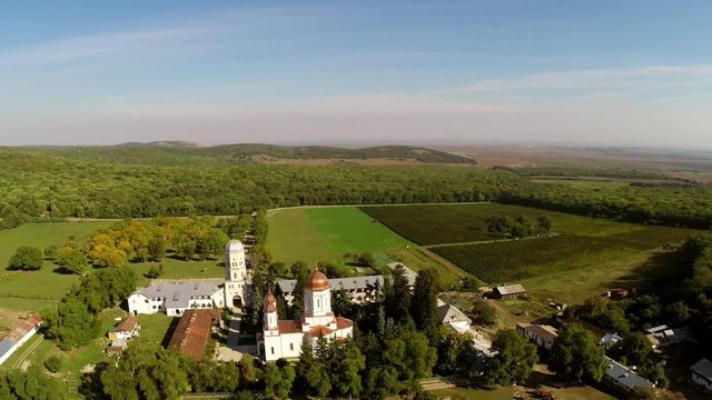 Aerial view of Cocos monastery in Dobrogea, Romania