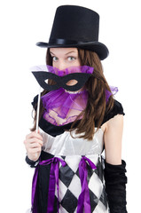 Pretty girl in jester costume isolated on white