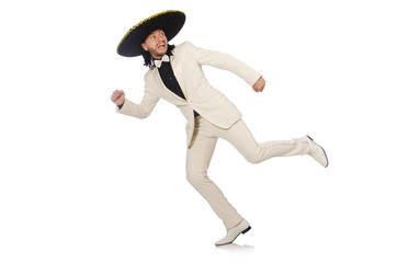 Funny mexican in suit and sombrero isolated on white