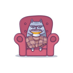 Cat sitting in chair and drinking coffee