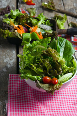 A dish of vegetable salad including herbs, onions, tomato on wooden board background