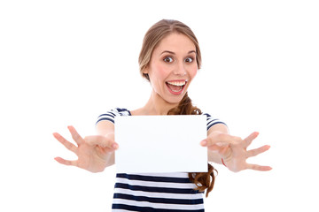 Student girl showing  white blank sheet - copy space, isolated over background