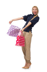 Tall woman with plastic bags isolated on white