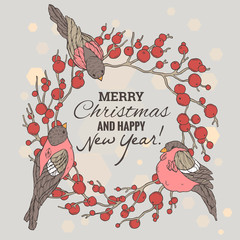 Christmas and New Year illustration with wreath, berries and
