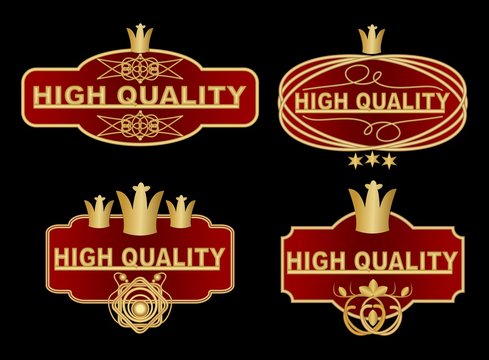 Set of high quality label in dark red and gold design with graphic ornate elements, royal crown, stars. High quality vintage stickers in  vector eps 10