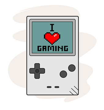 I Love Gaming, a hand drawn vector illustration of a handheld gaming device, the text, game device, and background are on separate groups for easy editing.