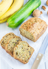 Loaf of homemade banana zucchini bread with walnuts