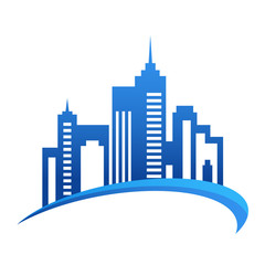 Obraz premium Blue city buildings silhouette. Vector logo design template.