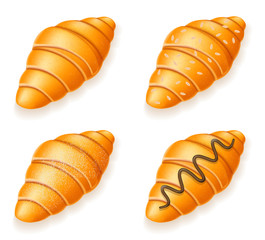 set icons of fresh crispy croissants with sesame seeds chocolate