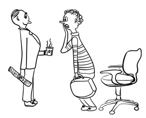 HR Specialist meets candidates at a job interview comic vector illustration
