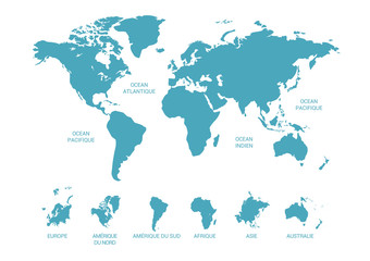Naklejka premium Carte du monde, continent et océans