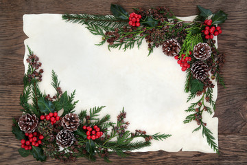 Fototapeta na wymiar Traditional Winter Border. Winter and christmas background border with holly, ivy, pine cones, cedar cypress and fir on parchment paper over old oak wood.