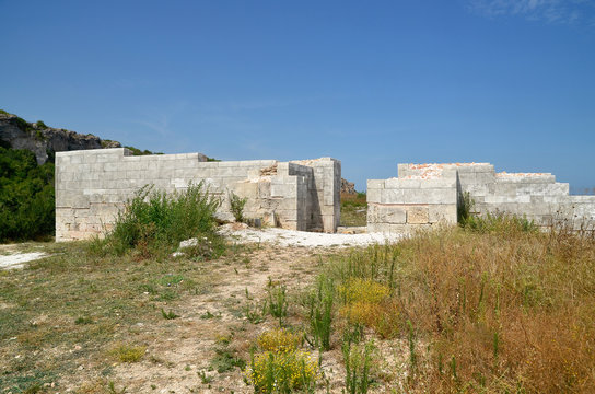 Partly reconstructed early byzantine fortress wall in the Archaeological Reserve Yailata, Bulgaria