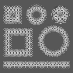 Set of decorative elements. Lacy frames, patterns and seamless border ornament brush. National russian ornament - Vologda lace.  Vector illustration.