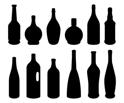 Set of different bottles. Black silhouettes. Vector illustration.