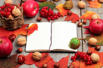 Naklejka na ściany i meble Autumn leaves and harvest on a wooden background
