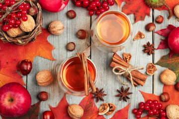Autumn hot beverage in a glass with fruits and spices