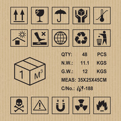 Cargo symbols on cardboard texture. Handling, packing and caution signs