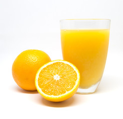 Orange juice and slices of orange isolated on white background