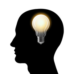 Head silhouette with bulb. Man thinking about new idea. Vector illustration.
