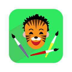 Colorful icon. Face painting. Child with painted face and brushes. Vector illustration.