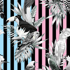 tropical birds and palm leaves pattern