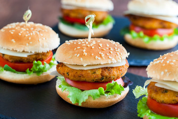 Appetizing mini chicken burgers.