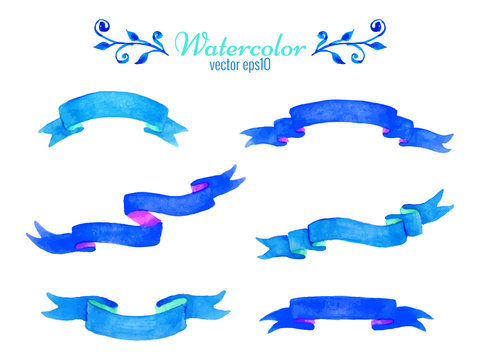 Collection Of Blue Watercolor Ribbon Banners. Set  Of Elegant  Hand Drawn Elements For Design. Vector Illustration.