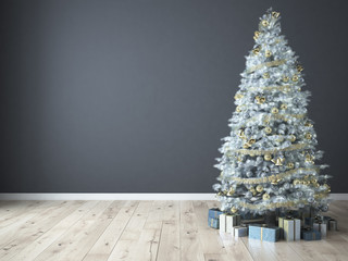 weihnachtsbaum mit einem sessel und geschenken