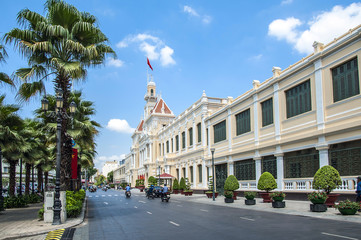 City people's committee building built in French domination, Hochiminh city, Vietnam - obrazy, fototapety, plakaty