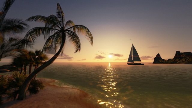 Tropical island and yacht sailing, timelapse sunrise
