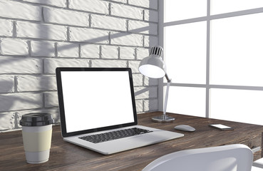 Fototapeta premium 3D illustration laptop and work stuff on table near brick wall