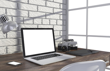 Fototapeta premium 3D illustration laptop and work stuff on table near brick wall