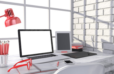 3D illustration laptop and work stuff on table near brick wall