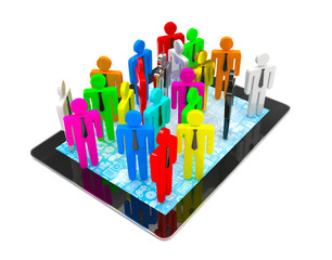 group of people figures on tablet PC, 3d render