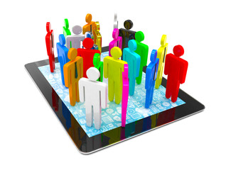 group of people figures on tablet PC, 3d render