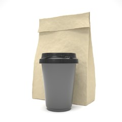 Fototapeta na wymiar Coffee to go and lunch bag, on white.